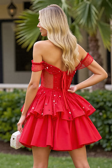 Sparkly Red Beaded Corset Short Homecoming Dress with Ruffles